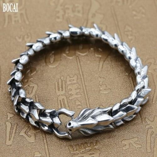 BOCAI Real solid 925 silver domineering mens bracelet stylish personality whip chain couple bracelet retro Thai silver bracele