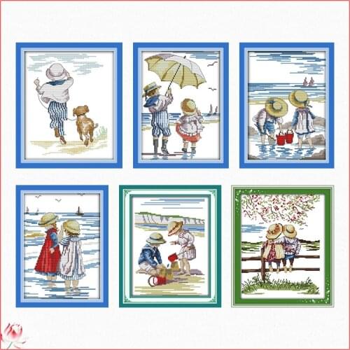 The Children Play In The Seaside Cross Stitch Kit 14CT 11CT Canvas Printed Fabric Embroidery Kit DIY Needlework Sewing Set Gift