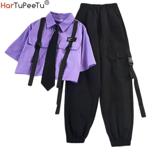Autumn Streetwear Pants High-Waist Straight Ribbon Cargo Pants Student Harajuku Loose Short-Sleeved Shirt with Tie Two-piece Set