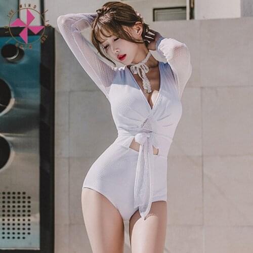 In The Wind Sexy Women Fishnet Hollow Out Lace-Up Front Long Sleeve Swimsuit Beachwear White/Black