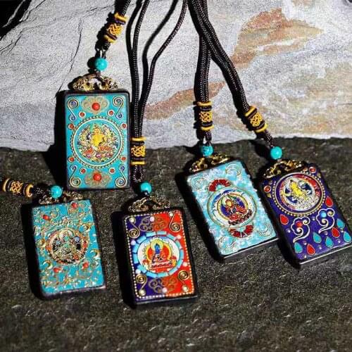 Necklace Tibetan Natal Buddha Pendant Wooden Painted Manjushri Bodhisattva Yellow God of Wealth Small Tag