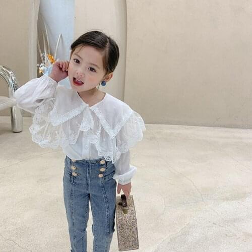 Girls Long Sleeve Shirt 2021 Springs Princess Lace Lapel Shirt Kids Blouse Cute White Long Tops