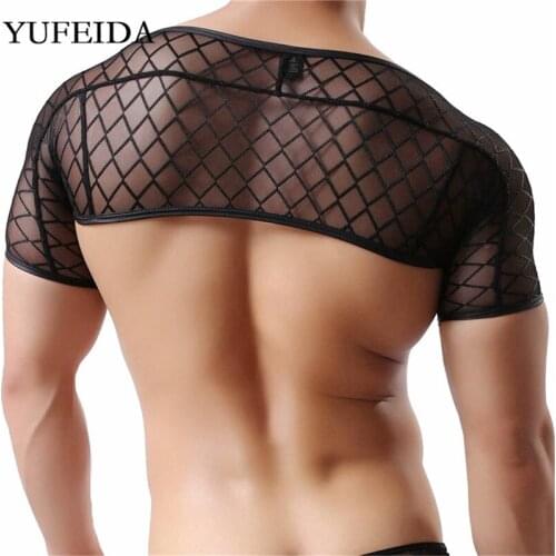 Sexy Mens Tank Tops Arm Sleeves Shrug Mesh Underwear Crop Tops Club Dancewear Gay Hollow Out Muscle Chest Harness Exotic Tops