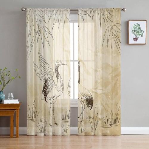 Animal Bird Bamboo Retro Sheer Curtains for Living Room Bedroom Kitchen Tulle for Windows Voile Drapes Home Decoration