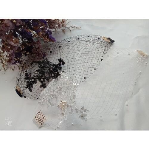 Wedding Party Sexy White Black Face Veil for Bridal Crystal Beaded Tiara Headwear Birdcage Net Mask Novia Hair Accessories