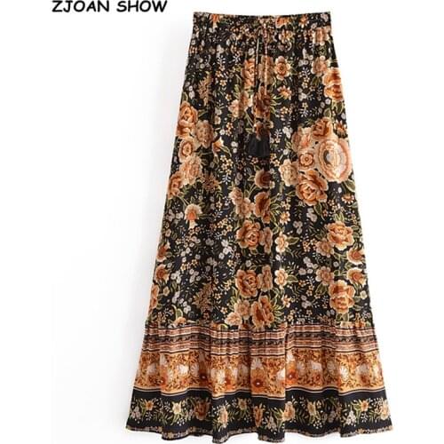 2021 Bohemia Black Orange Floral Print Long Skirt Spliced Ruched Ruffle Hem Hippie Women Tassel Bow Waist Swing Skirts Holiday