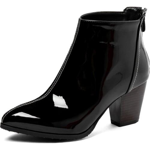 Conical Heel Patent Leather Pointed Fashion Womens Boots High-Heeled Solid Color Simple Red Zipper Chelsea Boots