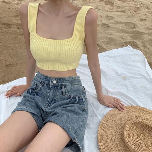 Women Corset Tops 2021 Spring Summer Light Yellow Square Collar Knitted Camisole For Women Tank Camis Crop Top For Women