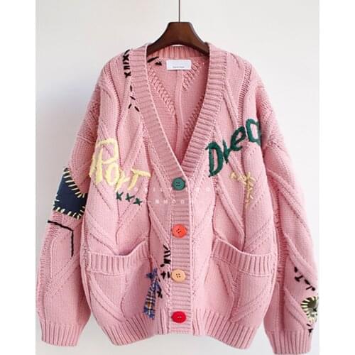 2020 Autumn Winter Women Cardigan Warm Knitted Sweater Jacket Pocket Embroidery Fashion Knit Cardigans Coat Lady Loose Sweaters