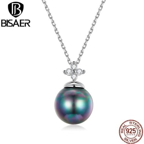 BISAER 925 Sterling Silver Shining Balls Pendants Necklace Women Fashion Pearl Pendant Necklace Fashion Jewelry Collar EFN226