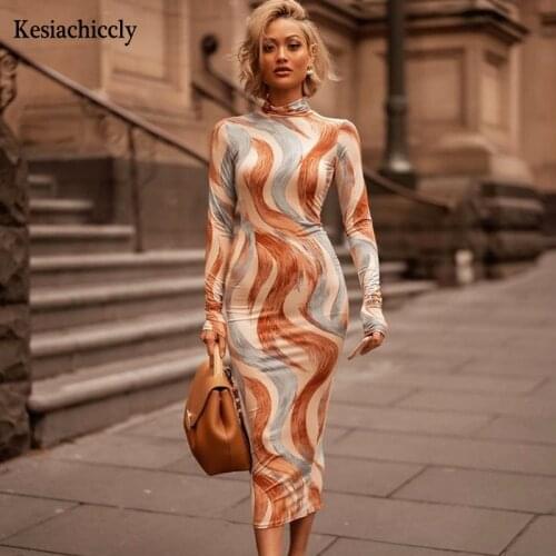Kesiachiccly vintage print sexy dress Women long sleeve party dress autumn winter elegant slim party club dress large size robe