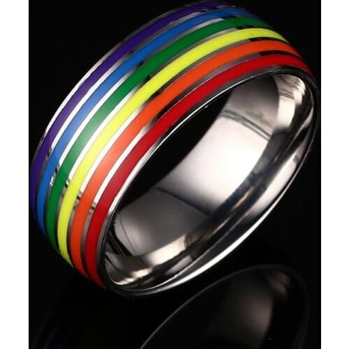 8mm Rainbow Stripe Pride Stainless Steel Ring Lesbian Ring For Gray Love Gifts US Size 15