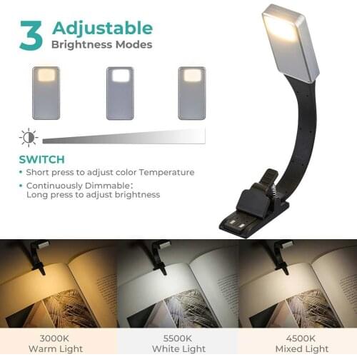 Clip-on Reading Light Lamp Flexible Adjustable USB Rechargeable for eBook Readers Book TB Sale