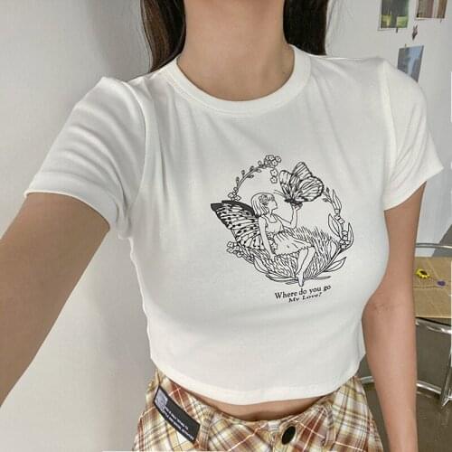 Summer Crop Tops Female Casual Creative Cartoons Letter Printed Short Sleeve O-Neck T-Shirt Wild Slim Fit Base Pullover