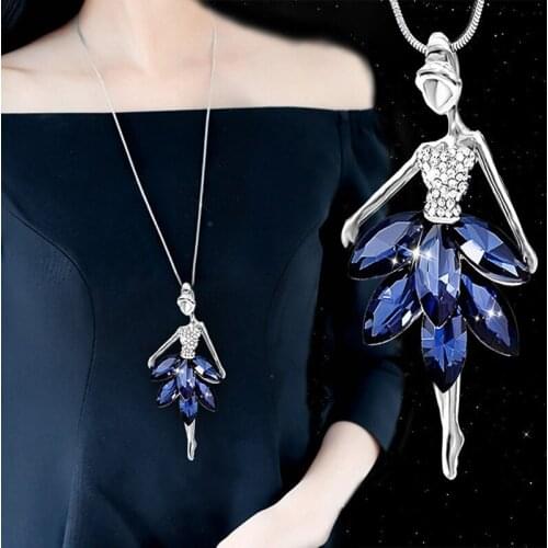 Fashion Blue Crystal Ballet Dance Girl Pendant Necklace Ballerina Classic Color Link Chain Pendant Necklaces Jewelry Girl Gifts