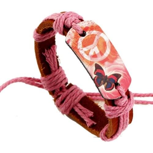 Fashion Peace Charm Women Bracelet Butterfly Genuine Leather Adjustable Bangle Wrap Vintage Pink Wristband for Girl Jewelry Gift