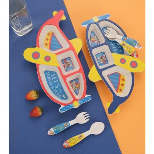 Cartoons Aircraft Bamboo Fiber Childrens Training Feeding Dish Plate Food Container Tableware Kids Cutlery Set Creative Gift