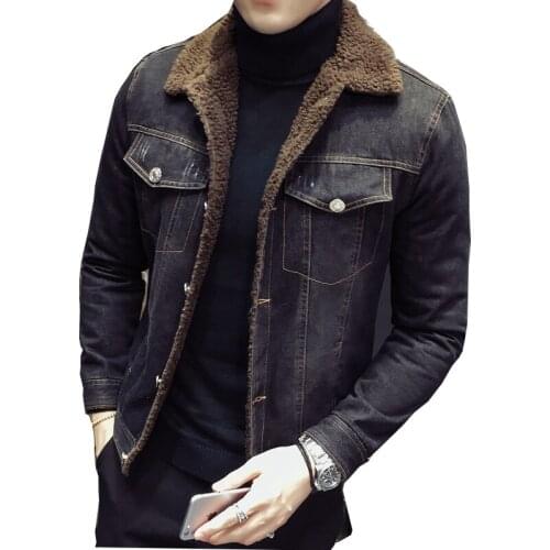Mens new velvet denim jacket autumn and winter black denim jacket fashion jacket mens Japanese and Korean denim jacket