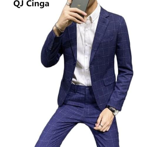 Spring/Autumn Blue Plaid 2 Piece Mens (Jacket + Pants) Business/Wedding Blazer Coat and Pants Black Gray Party Suit