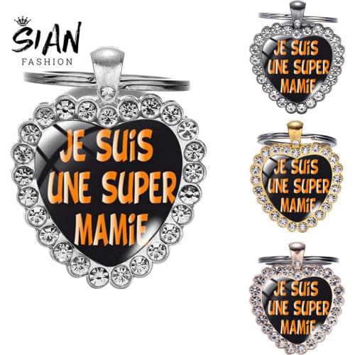 SIAN Super Mamie Pattern Water Drop Keychain Papy Grandpa And Grandma Je suis une Mamie French Art Photo Key Chain Jewelry Gifts