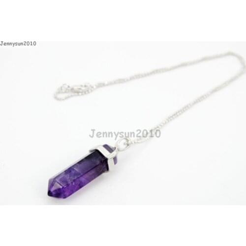 Natural Ame-thyst Gems Stones Hexagonal Pointed Healing Reiki Chakra Pendant Beads Silver 17'' Chain Necklace 5 Sets/Pack