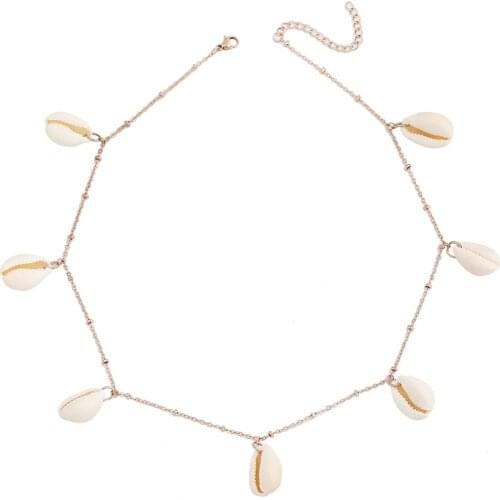 Mavis Hare COWRY CHOKER NECKLACE with 7pcs Natural Sea Shell Pendant and 316L Stainless Steel Bead Chain Necklace Beach Jewelry