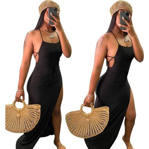 Sexy halter split dress black Bandage irregular straps Open fork dress European and American Sexy Backless Split Dress