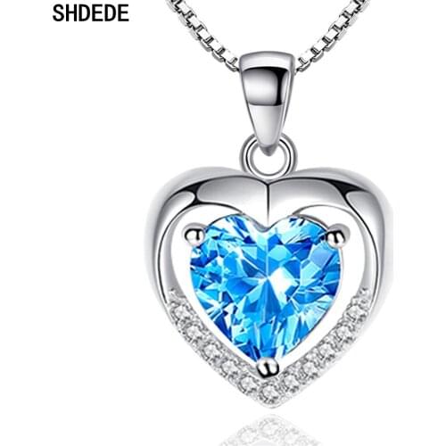 SHDEDE 925 Silver Heart Pendant Necklace Love Forever Fashion Jewelry Embellished With Crystals From Swarovski Blue Rhinestone