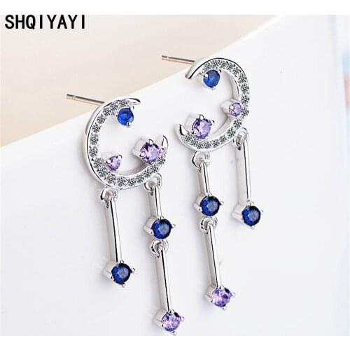 SHQIYAYI 925 Silver Jewelry High Quality Woman Fashion Earrings Tassel Cubic Zirconia Star Month Dangler Eardrop 749