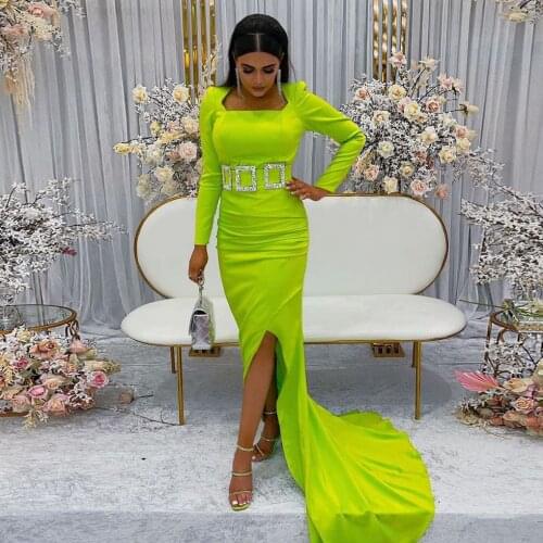 Light Green Elegant Exquisite Evening Dress Floor Length With Train Square Women Dress Plus Size Arabic Prom Dress Custom Made