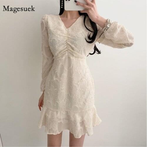 Spring V-neck Tassel Dresses for Women Korean Elegant Pleated Slim Waist Puff Long Sleeve Dress Ruffle Solid Dress Vestido 13270