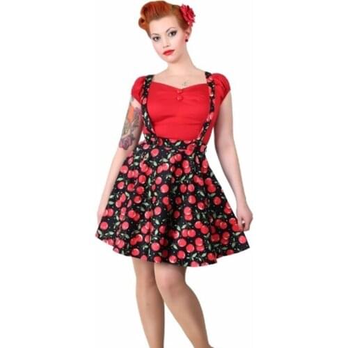 15- women vintage 50s cherry print circle swing suspender skirt rockabilly pinup saia plus size jumper braces skirts faldas