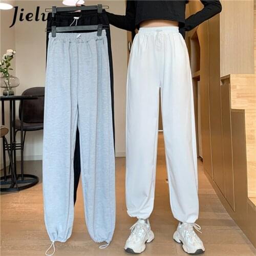 Jielur Solid Color Sports Pants for Women Drawstring Harajuku Womens Pants Soft BF Trousers White Grey Black Pantalones Femme