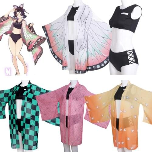 Cosplay Demon Slayer Kimetsu No Yaiba Kamado Tanjirou Shinobu Two Piece Bikini Bathing Suit Swimsuit with Sheer Kimono Cardigan