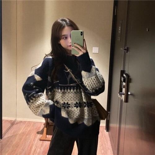 New Sweater Womens Spring And Autumn Loose Lazy Style Retro Long Sleeve Knitted Top