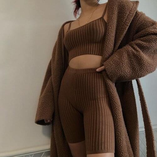 2021 Knitting Sleeveless Crop Top+short Pant Female High Waist Leggings Sport Suit Knitting Y2k Khaki 2 Piece Set Women Clothing