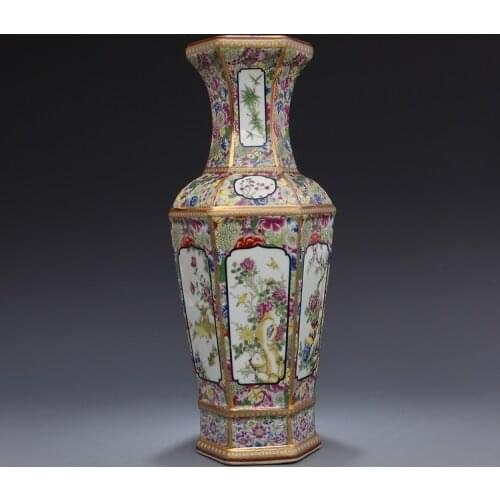 Jingdezhen antique handicrafts Qing Dynasty qianlong enamel Golden Hexagonal vase antique collection ornaments