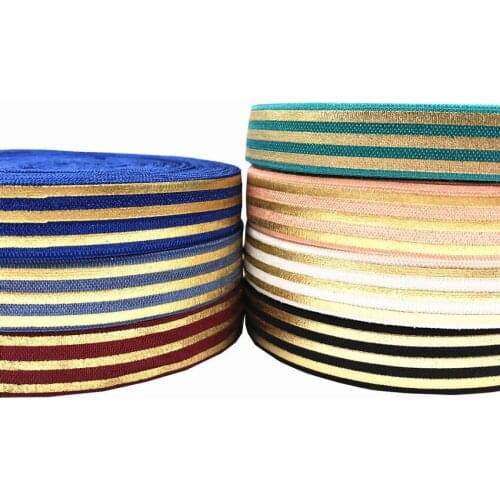 Gold foil stripes printed Fold over elastic FOE Ribbon DIY Headwear Hair Home Sewing gift packing Accessories 10yard 15mm