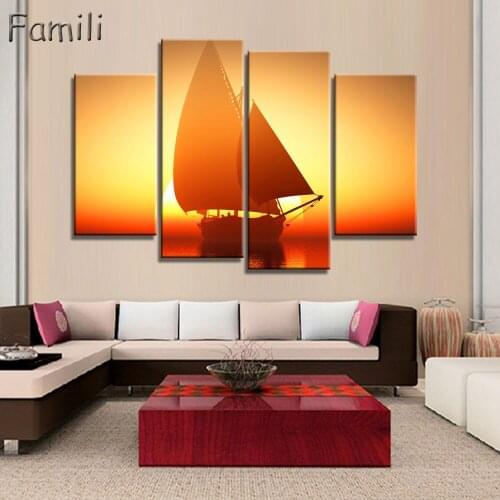 4Pieces Wall Art Painting Fantasy Ship Sail Boat In Lake Sunset Prints On Canvas Oil For Home Modern Decoration Print Painting