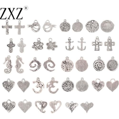 ZXZ 20pcs Tibetan Silver Hammered Heart Cross Spiral Sea Horse Charms Pendants Beads for DIY Jewelry Making Findings