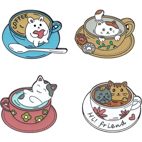 Cup Cat Animal Enamel Pins for Backpack Custom Cute Cats Coffee Brooches Bag Clothes Lapel Pin Kitten Cafe Badge Jewelry Gift
