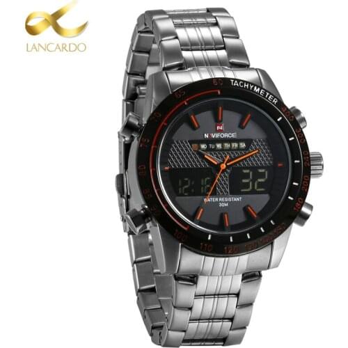 Mens Lancardo Luxury Brand Sport Silver Watches Men Dual Display LED Digital Stainless Steel Quartz Watch Man Clock With Box