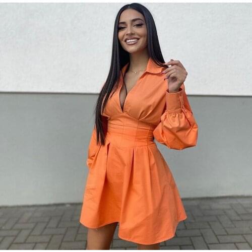 COKAGO Fashion Orange Slim Shirt Dress Women 2021 Hollow Out V Neck Short Dresses Long Sleeve High Waisted Party Dresses