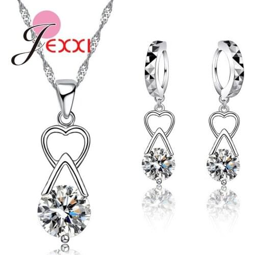 Elegant Bijoux 925 Sterling Silver CZ Crystal Heart Necklace + Earrings Women Bride Wedding Jewelry Set Collar Accessories