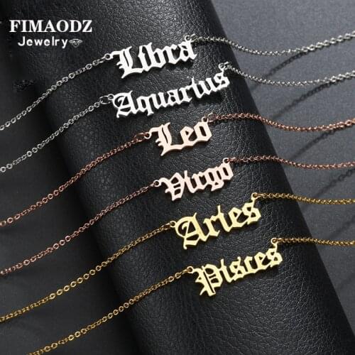 FIMAODZ 12 Zodiac Necklace Stainless Steel English Letter Zodiac Sign Pendant Necklace 2020 Gemini Cancer Leo Women Choker Gifts
