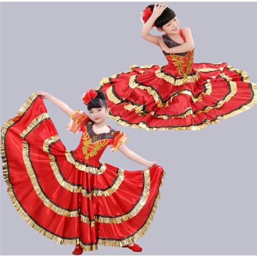 Girls Spanish Dress Flamenco Dance Skirt Spanish Dancing Performance Costume For Girls Vestido Flamenco 360/540/720 Degree SL145