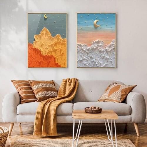 Pink Blue Beach Moon Star Canvas Painting Nordic Abstract Landscape Oil Painting Wall Art Poster Print Aesthetic Home Decor