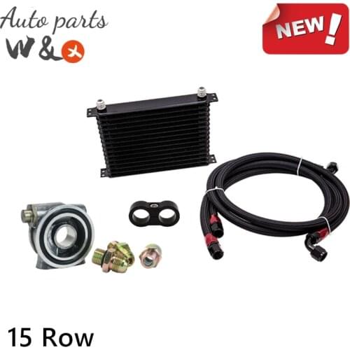 Oil Cooler & Thermostat Oil Adapter Kit Engine Oil Radiator Universal Aluminum 15 Rows AN-10 Oil Cooler