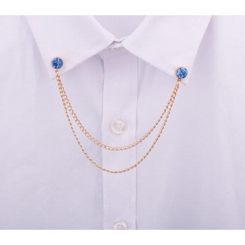 Korean Simple Tassel Double Chain Rhinestone Collar Pins Chain Shirt Collar Accessories Male Blue Red Crystal Mini Brooches