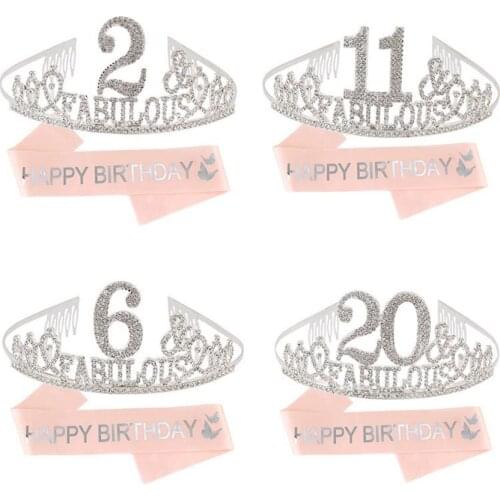 Birthday Sash Tiara Set Party Decor Women Girl Rose Gold Belt Rhinestone Crystal Crown Cake Topper Event Favor 20sets/lot